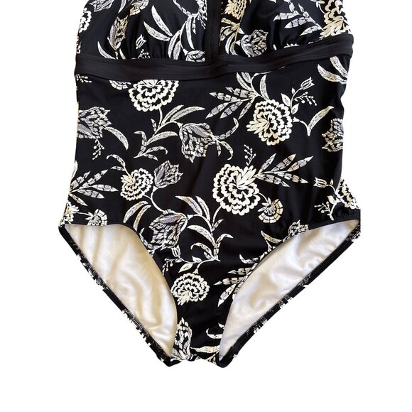 Lands' End One Piece Maillot Black White Floral‎ Size 14 Shelf Bra Adj Straps - Picture 4 of 11